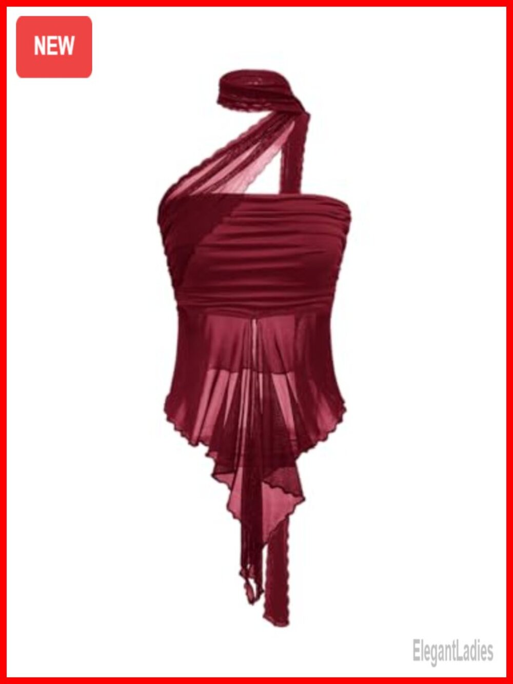 Women's Sheer Mesh Halter Tank Top Ruched Asymmetrical Y2K Crop Top
